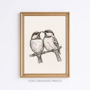 Vintage Lovebirds Paar Skizze Bleistift Zeichnung Kinderzimmer Linie Wand Kunst Kinder Babyzimmer Wald Antik Cottagecore Bauernhaus rustikalen Druck