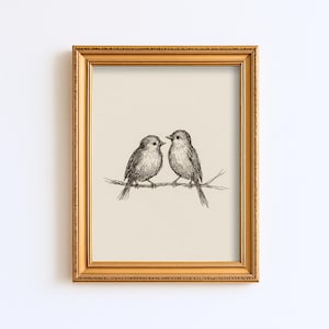 Vintage Lovebirds Pair Sketch Drawing Print Antique Wall Art Illustration Cottagecore Farmhouse Rustic Print Digital Instant Download