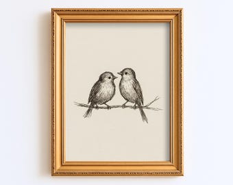 Vintage Lovebirds Pair Sketch Drawing Print Antique Wall Art Illustration Cottagecore Farmhouse Rustic Print Digital Instant Download