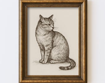 Vintage Katze Skizze Zeichnung Haustier Minimal Linie Wand Kunst Illustration Rustikaler antiker Bauernhaus Druck