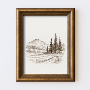 Vintage Landscape Sketch Drawing Minimal Nature Line Wall Art Illustration Antique Cottagecore Farmhouse Rustic Print