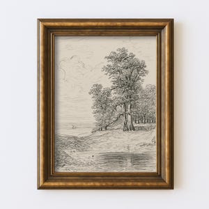 Vintage Landscape Sketch Drawing Minimal Nature Line Wall Art Illustration Antique Cottagecore Farmhouse Rustic Print