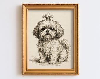 Vintage Shih Tzu Dog Sketch Drawing Pet Minimal Line Wall Art Illustration  Print Dog Lover Gift