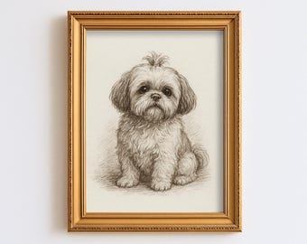 Vintage Shih Tzu Dog Sketch Drawing Pet Minimal Line Wall Art Illustration  Print Dog Lover Gift