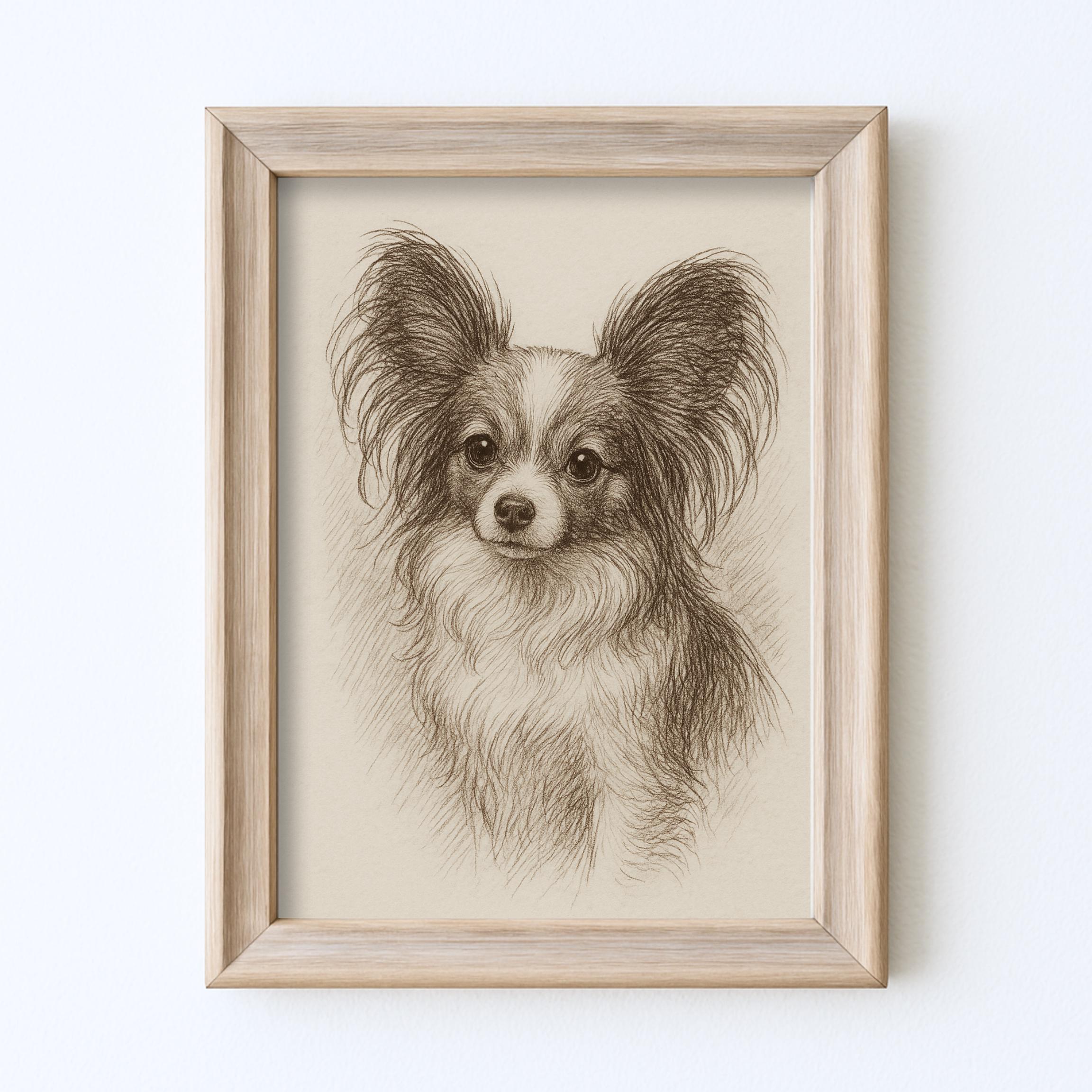 ヴィンテージ パピヨン 犬のスケッチ画 ペット ミニマルライン