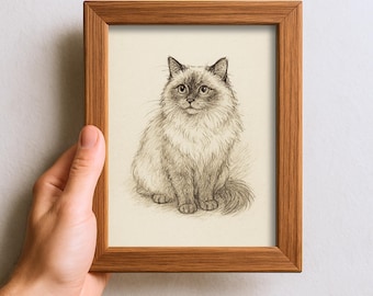 ヴィンテージラグドール猫スケッチ画ペットミニマルラインウォール