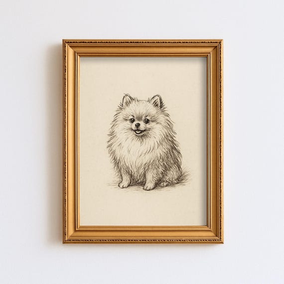 ヴィンテージ ポメラニアン犬 スケッチ画 ペット ミニマルライン