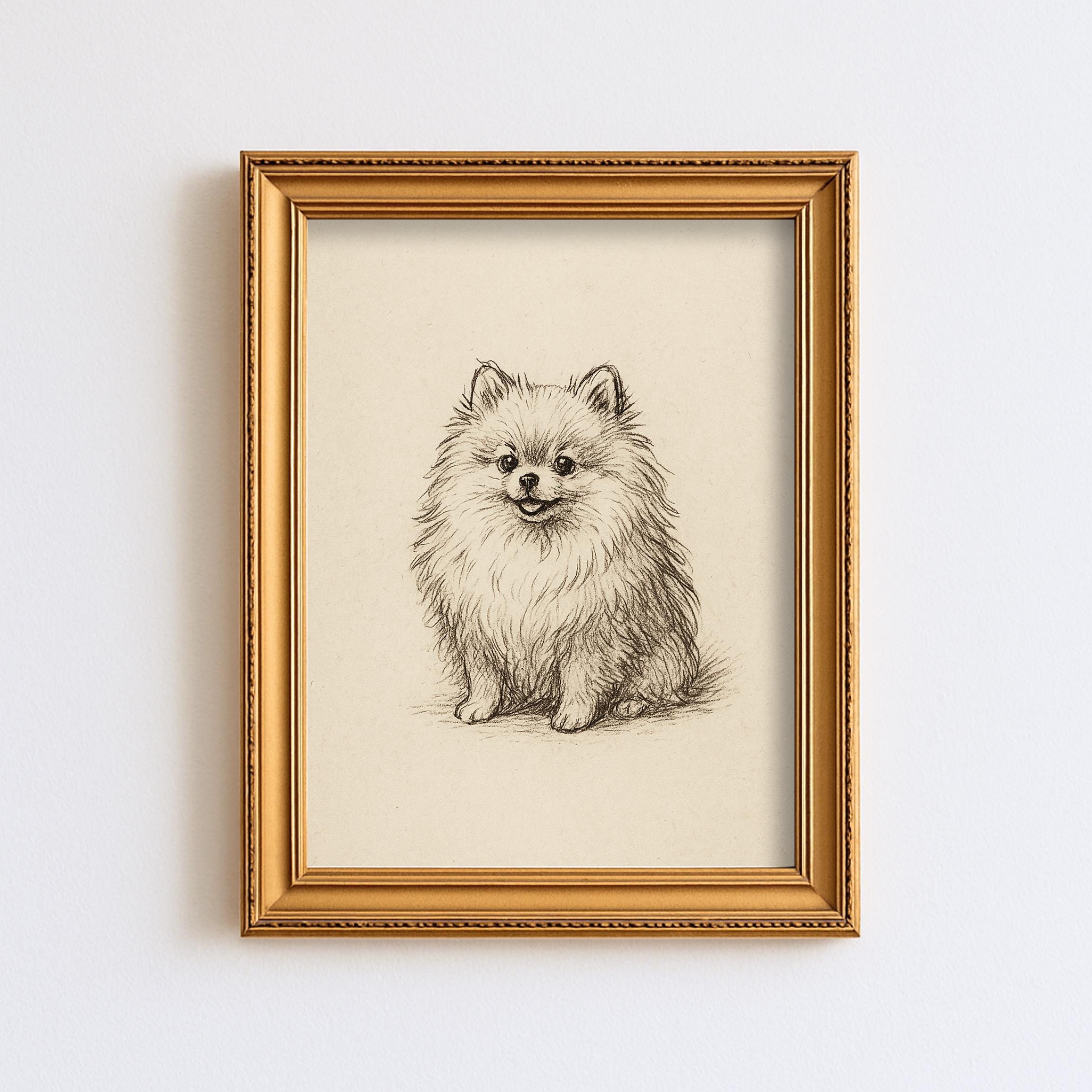 ヴィンテージ ポメラニアン犬 スケッチ画 ペット ミニマルライン