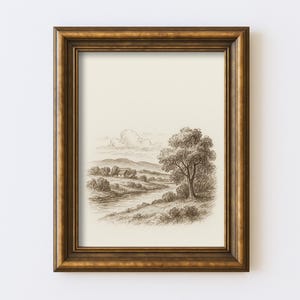 Vintage Landscape Sketch Drawing Minimal Nature Line Wall Art Illustration Antique Cottagecore Farmhouse Rustic Print