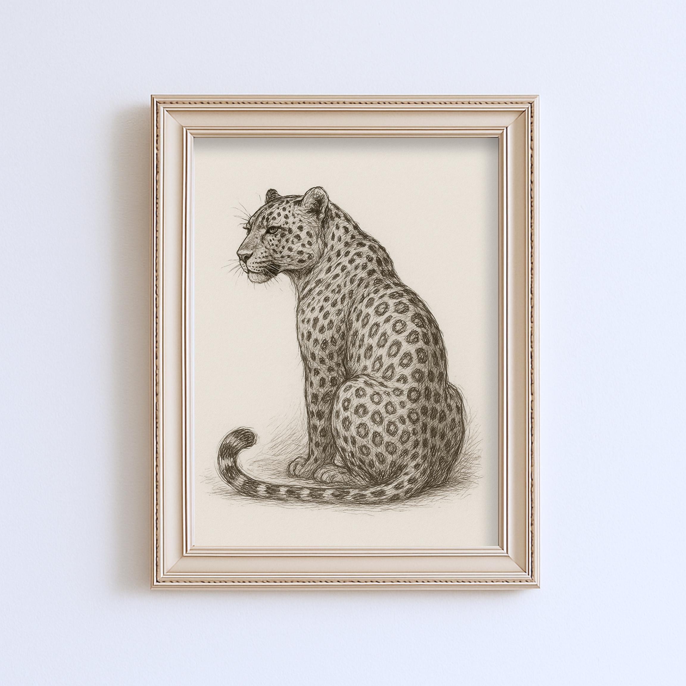 ヴィンテージのヒョウのスケッチ画、野生動物の線画、壁アートイラスト