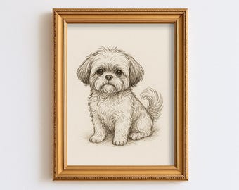 Vintage Shih Tzu Dog Sketch Drawing Pet Minimal Line Wall Art Illustration  Print Dog Lover Gift