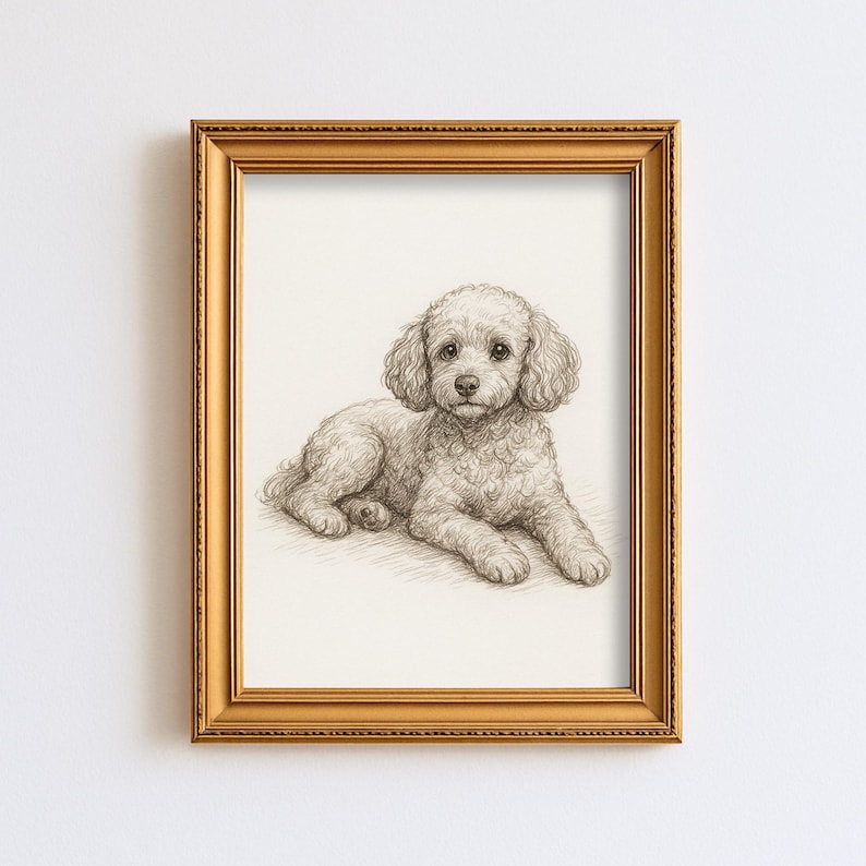 May include: A framed pencil sketch of a poodle dog lying down. The dog is light-colored with curly fur and is positioned in the center of the frame. The frame is gold-colored and rectangular.