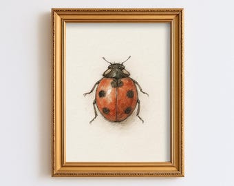 Ilustracja biedronki w stylu vintage, letnia botaniczna sztuka ścienna, rustykalny wystrój Cottagecore, owad, obraz pszczoły, pobieranie cyfrowe