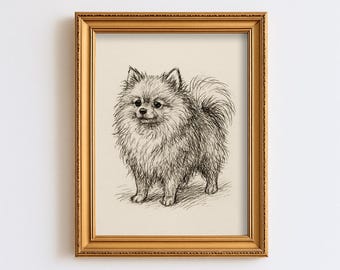 ポメラニアン犬の鉛筆画アートワークプリント：アーティストG Tymonの
