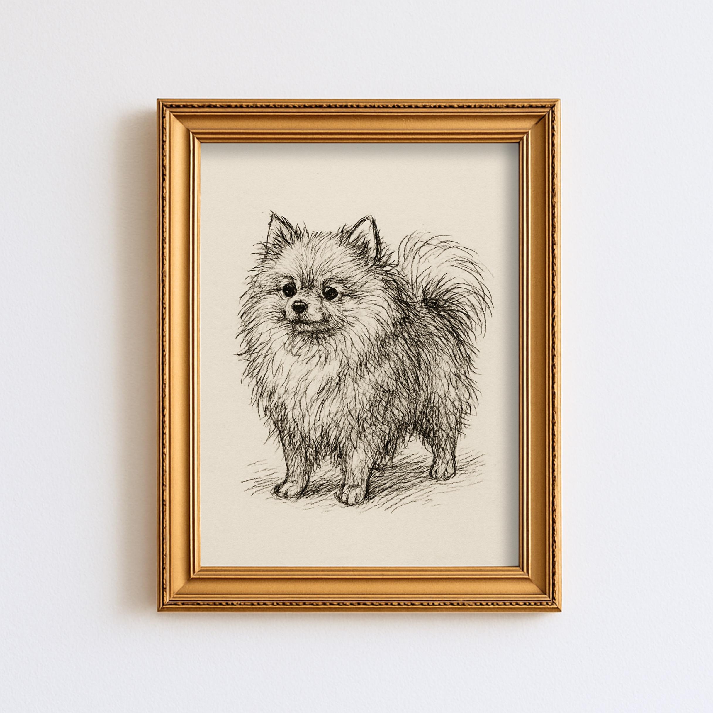 ヴィンテージ ポメラニアン犬 スケッチ画 ペット ミニマルライン