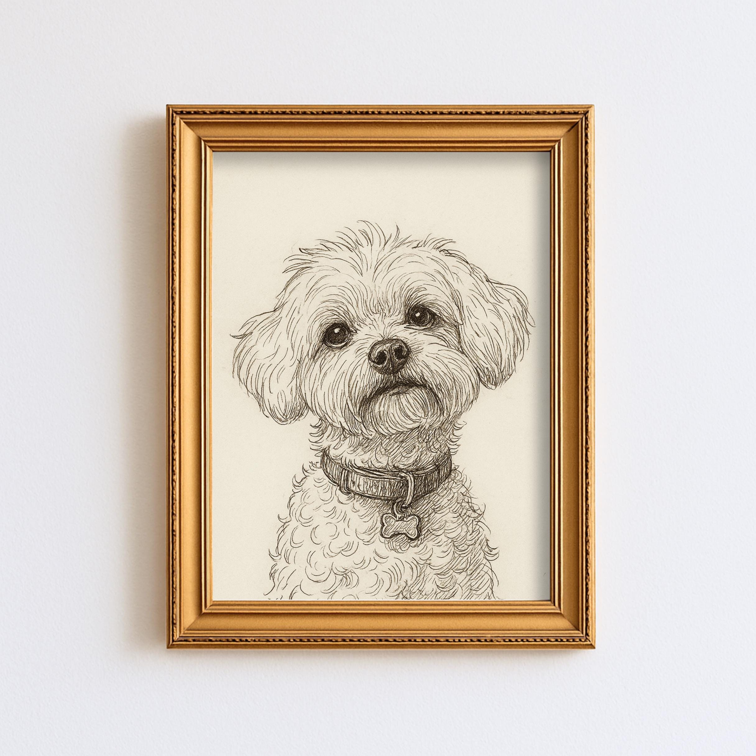 ヴィンテージプードル犬のスケッチ画ペットミニマルラインウォール