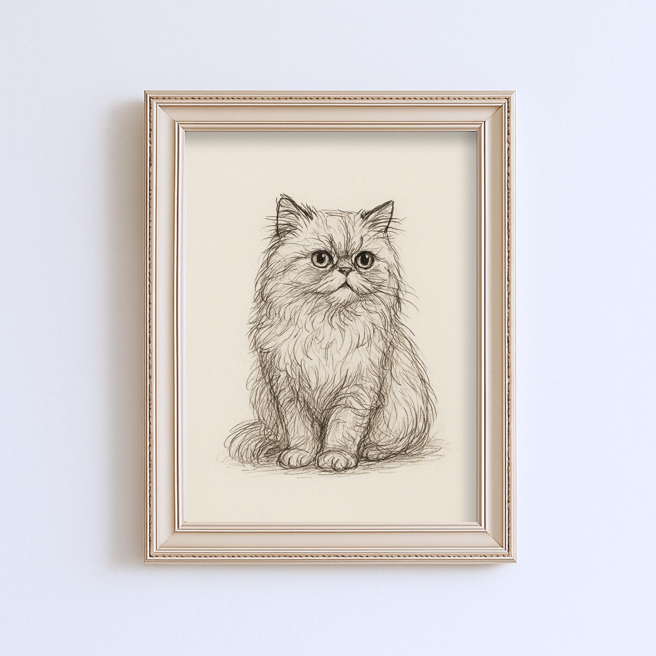 ヴィンテージペルシャ猫のスケッチ画ペットミニマルラインウォール