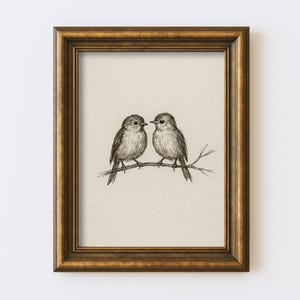 Vintage Lovebirds Pair Sketch Drawing Print Antique Wall Art Illustration Cottagecore Farmhouse Rustic Print Digital Instant Download