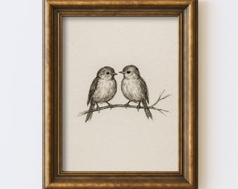 Vintage Lovebirds Pair Sketch Drawing Print Antique Wall Art Illustration Cottagecore Farmhouse Rustic Print Digital Instant Download