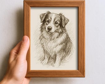 Vintage Australian Shepherd Dog Sketch Drawing Pet Minimal Line Wall Art Print Dog Lover Gift