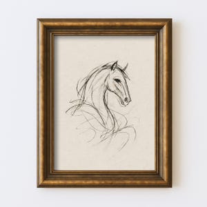Desenho abstrato de cavalo vintage, desenho minimalista de linha equestre, arte de parede, ilustração, antigo, cottagecore, fazenda, impressão rústica