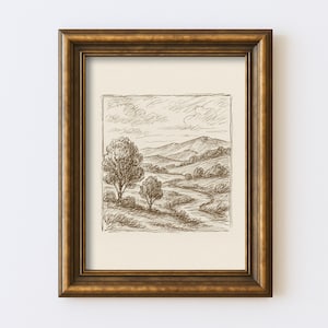Vintage Landscape Sketch Drawing Minimal Nature Line Wall Art Illustration Antique Cottagecore Farmhouse Rustic Print