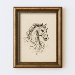 Desenho abstrato de cavalo vintage, desenho minimalista de linha equestre, arte de parede, ilustração, antigo, cottagecore, fazenda, impressão rústica
