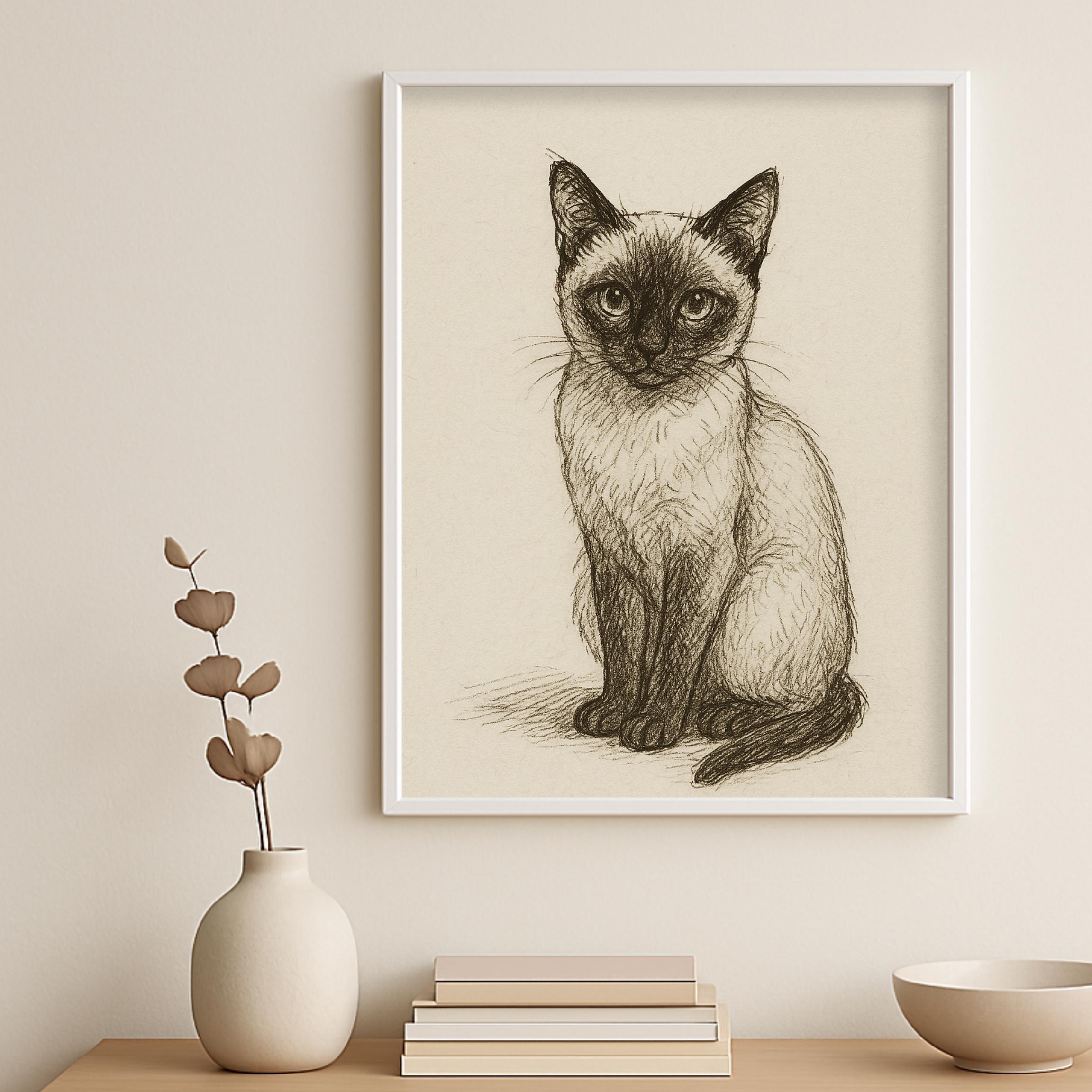 ヴィンテージシャム猫スケッチ画ペットミニマルラインウォールアート