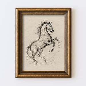 Desenho abstrato de cavalo vintage, desenho minimalista de linha equestre, arte de parede, ilustração, antigo, cottagecore, fazenda, impressão rústica