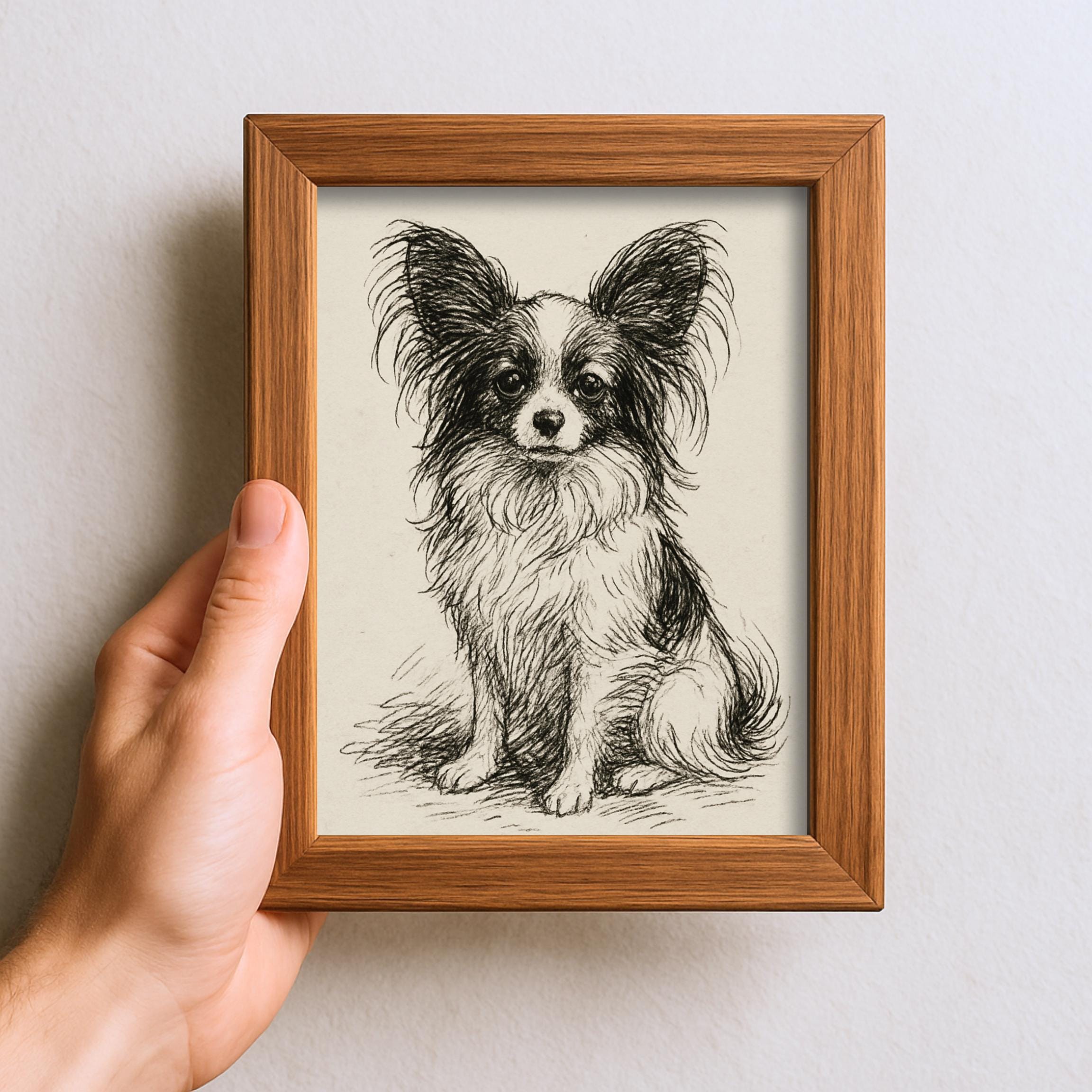 ヴィンテージ パピヨン 犬 スケッチ 描画 ペット ミニマル ライン