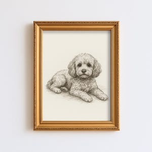 Peut inclure: Un croquis au crayon encadré d'un petit chien duveteux, probablement un croisement de caniche, couché. Le chien a des poils bouclés et une expression douce. Le cadre est doré et rectangulaire, ajoutant une touche classique.