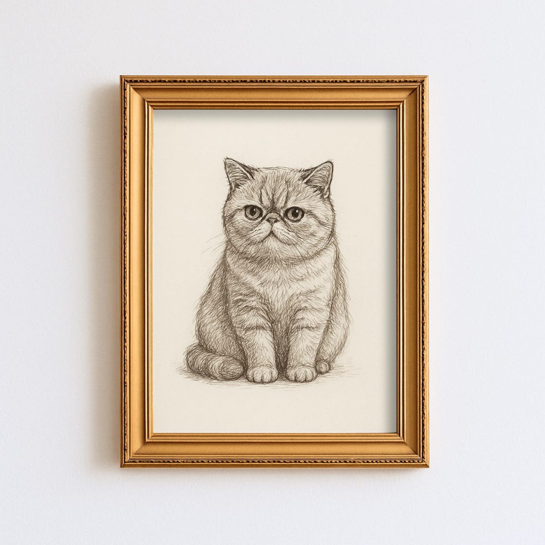 ヴィンテージのエキゾチックショートヘアの猫のスケッチ画、ペットの