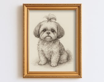 Vintage Shih Tzu Dog Sketch Drawing Pet Minimal Line Wall Art Illustration  Print Dog Lover Gift