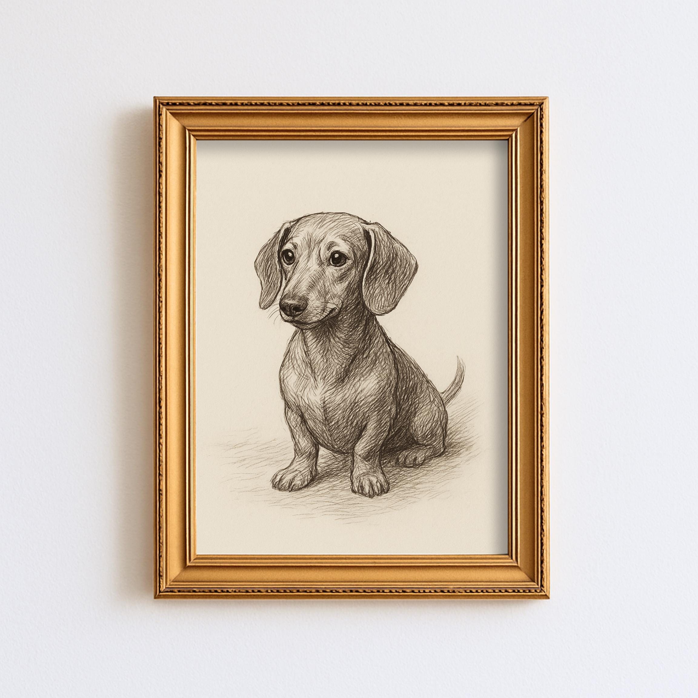 ヴィンテージ ダックスフント 犬のスケッチ画 ペット ミニマルライン