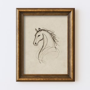 Desenho abstrato de cavalo vintage, desenho minimalista de linha equestre, arte de parede, ilustração, antigo, cottagecore, fazenda, impressão rústica
