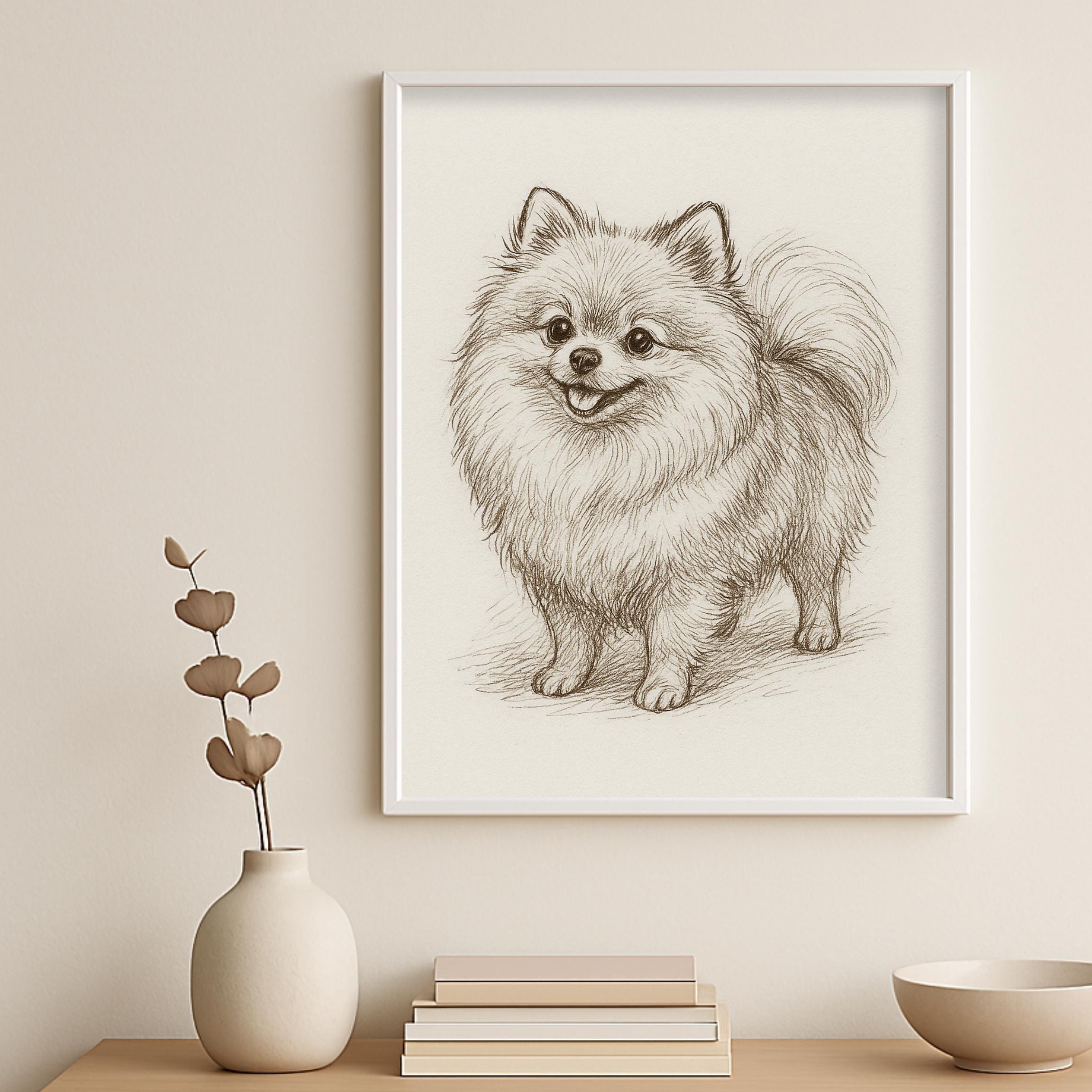ヴィンテージ ポメラニアン犬 スケッチ画 ペット ミニマルライン