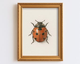 Ilustracja biedronki w stylu vintage, letnia botaniczna sztuka ścienna, rustykalny wystrój Cottagecore, owad, obraz pszczoły, pobieranie cyfrowe