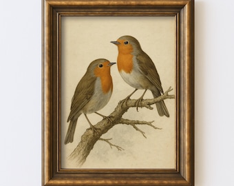 Vintage Robin Lovebirds Pair Print Antique Wall Art Illustration Cottagecore Farmhouse Rustic Print Digital Instant Download