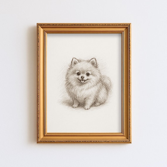 ヴィンテージ ポメラニアン犬 スケッチ画 ペット ミニマルライン