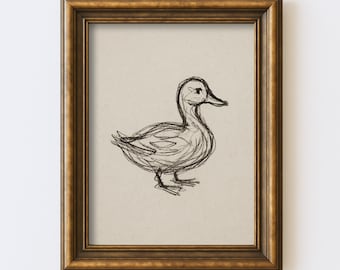 Dibujo minimalista de pato abstracto vintage, línea de naturaleza, arte de pared, ilustración, estilo cottagecore, granja rústica, impresión para guardería