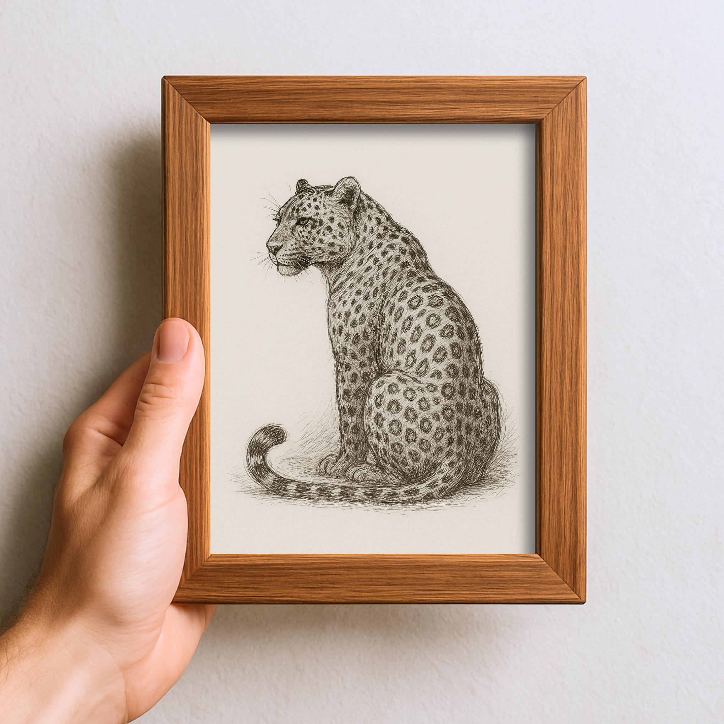 ヴィンテージのヒョウのスケッチ画、野生動物の線画、壁アートイラスト