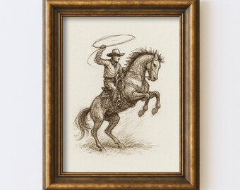 Szkic kowboja na dzikim koniu, wydruk, sztuka ścienna w stylu western, rysunek, ilustracja, styl vintage, rustykalny, rustykalny wystrój wiejski