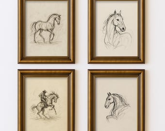 Vintage Equestrian Bundle Set of 4 Prints Horse Sketch Line Wall Art Illustration Antique Cottagecore Farmhouse Rustic Drawings