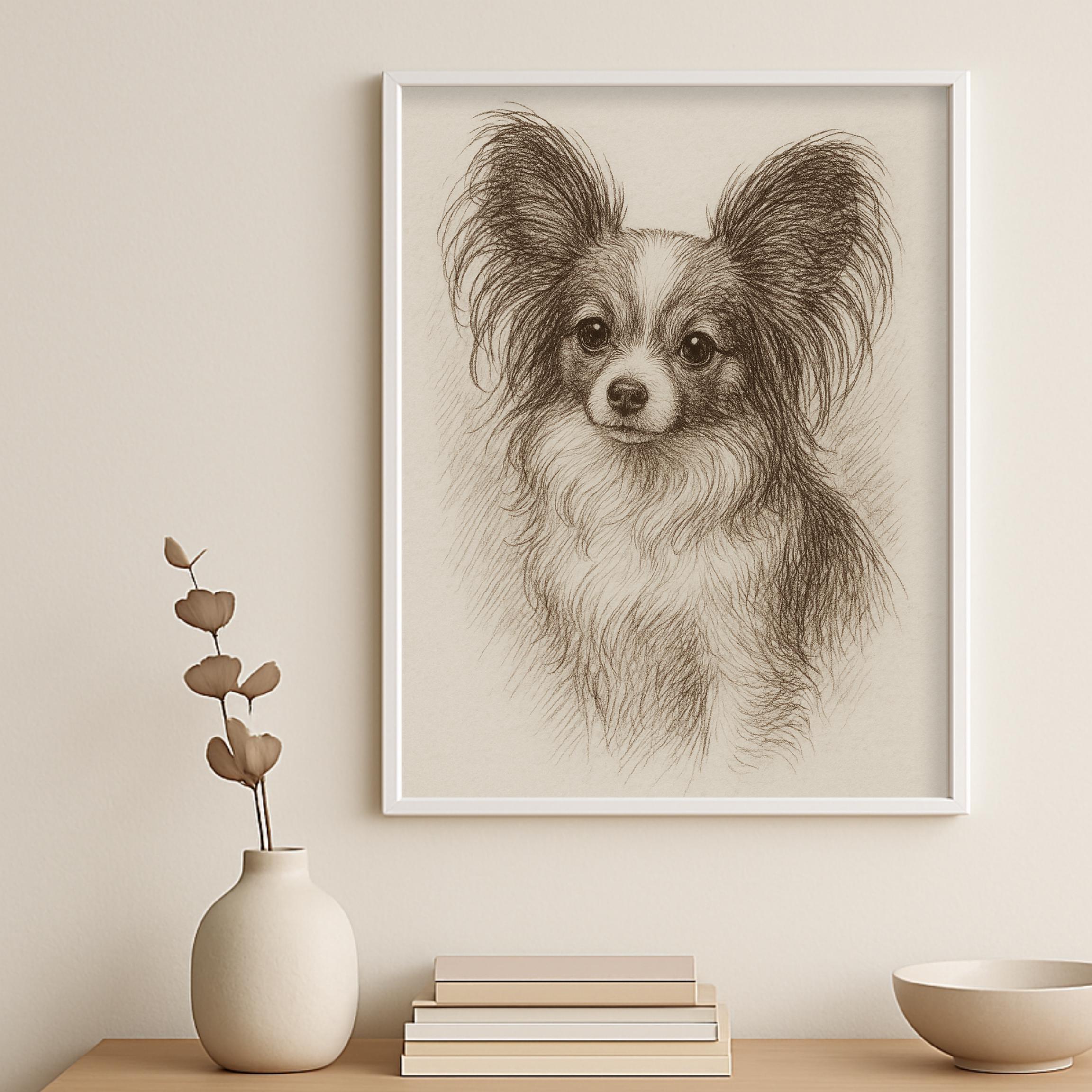 ヴィンテージ パピヨン 犬のスケッチ画 ペット ミニマルライン