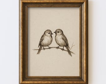 Vintage Lovebirds Pair Sketch Drawing Print Antique Wall Art Illustration Cottagecore Farmhouse Rustic Print Digital Instant Download
