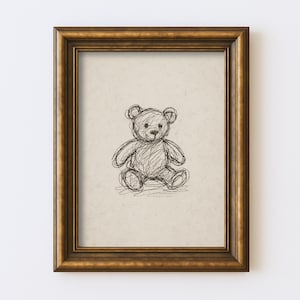 Dibujo de oso de peluche vintage para guardería, arte de pared con líneas para habitación de bebé, estampado rústico estilo cottagecore neutro de bosque