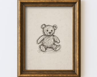 Vintage Teddy Bear Sketch Nursery Drawing Line Wall Art Children Baby Room Woodland Neutral Cottagecore Rustic Print