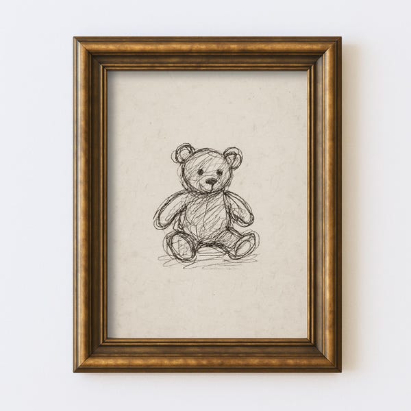 Vintage Teddy Bear Sketch Nursery Drawing Line Wall Art Children Baby Room Woodland Neutral Cottagecore Rustic Print