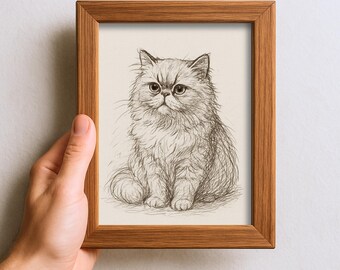 ヴィンテージペルシャ猫のスケッチ画ペットミニマルラインウォール