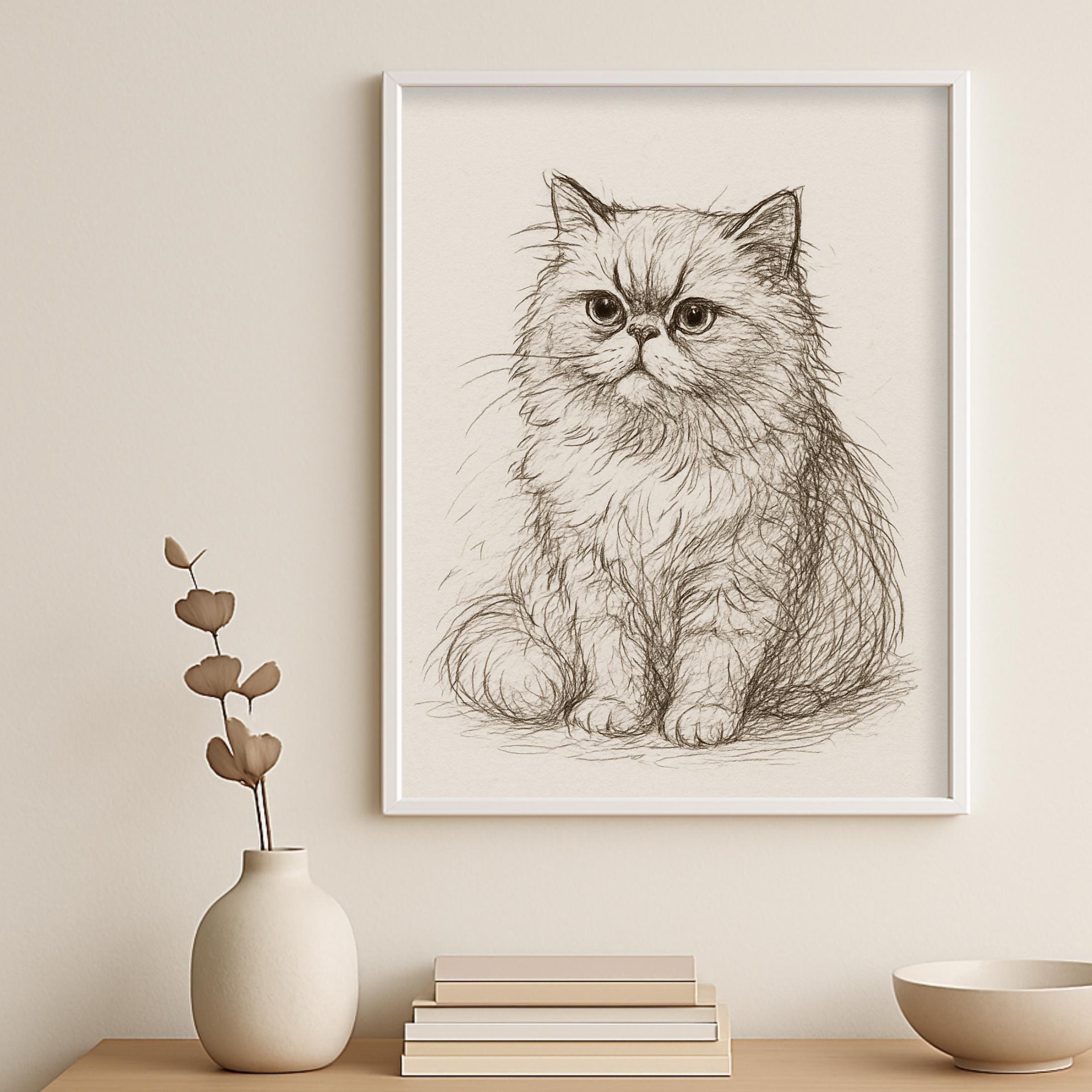 ヴィンテージペルシャ猫のスケッチ画ペットミニマルラインウォール